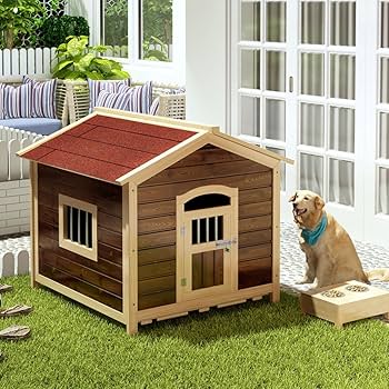 Amazon | [JUI3N] 北欧 犬小屋 屋外用 大型犬 木製 ドア付きの